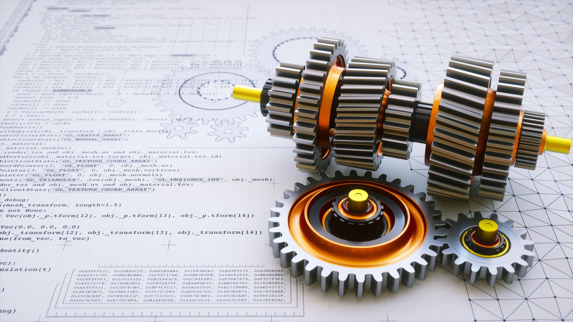 Gearshift engineering mechanism design, development and production concept with a blueprint on white surface, gear parts and computer programming language text.