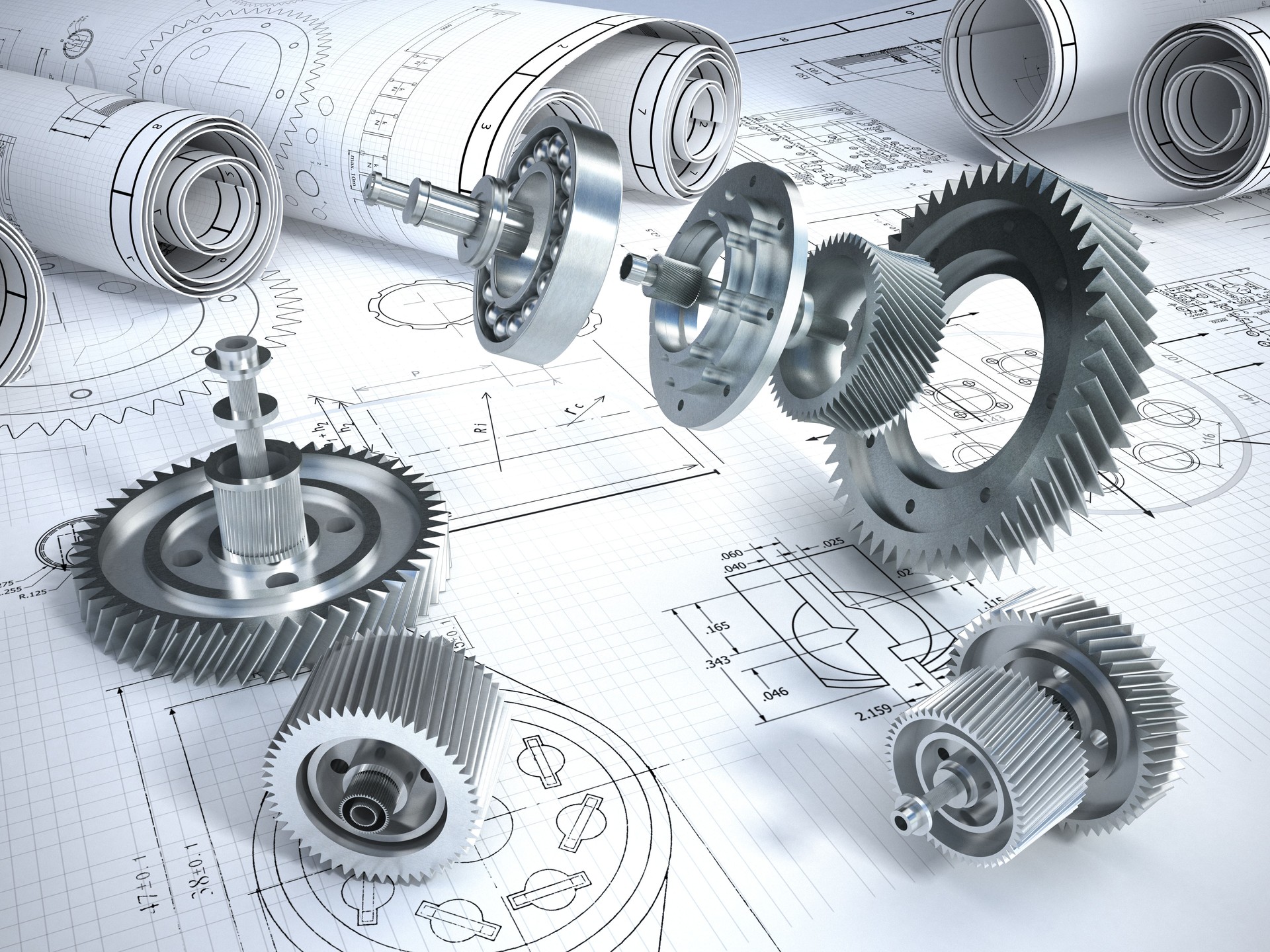 Blueprints and 3D metal machine parts. Mechanical engineering concept